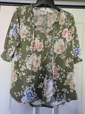 Olive Green Floral Tie-Neck Peasant Blouse